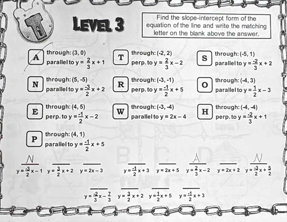 Find the slope-intercept form of the
Level 3 equation of the line and write the matching
letter on the blank above the answer.
A through: (3,0) through: (-2,2) s through: (-5,1)
parallel to y= 2/3 x+1 T perp. to y= 2/3 x-2 parallel to y= (-2)/3 x+2
N through: (5,-5) through: (-3,-1) through: (-4,3)
parallel to y= (-3)/2 x+2 R
perp. to y= (-1)/2 x+5 parallel to y= 1/2 x-3
E through: (4,5) through: (-3,-4) H through: (-4,-4)
perp. to y= (-1)/2 x-2 w
parallel to y=2x-4 perp. to y= (-2)/3 x+1
P through: (4,1)
parallel to y= (-1)/2 x+5
_

__
_
__
__
y= (-3)/2 x-1y= 3/2 x+2 □ y=2x-3 y= (-1)/2 x+3 y=2x+5 y= 2/3 x-2 y=2x+2y= (-3)/2 x+ 5/2 
__
__
y= (-2)/3 x- 7/3  y= 3/2 x+2 y= 1/2 x+5 y= (-1)/2 x+3