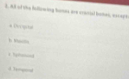 All of the following bones are cranial bones, escepr
α Ovvipital
b Maolla
c. tpheaod
d.Temqtml