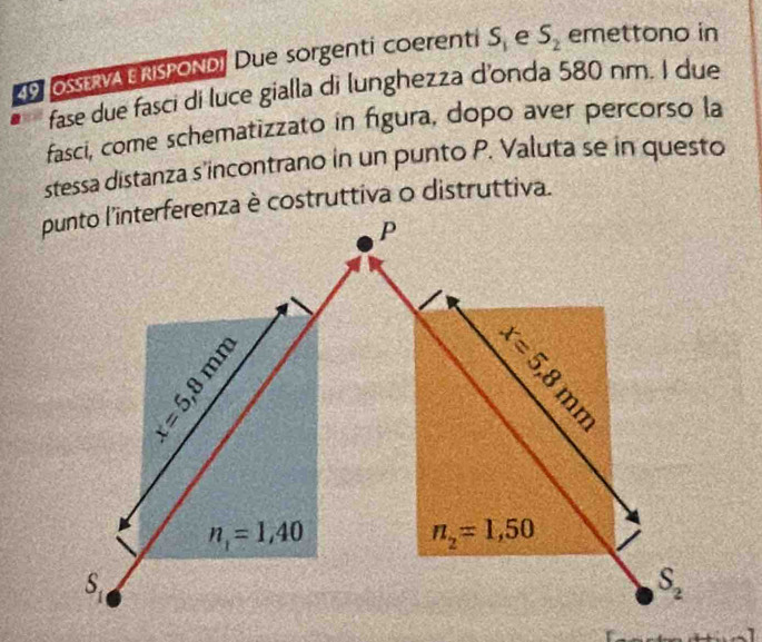 OSERvA RIsPONDi Due sorgenti coerenti S_1 e S_2 emettono in
fase due fasci di luce gialla di lunghezza d'onda 580 nm. I due
fasci, come schematizzato in figura, dopo aver percorso la
stessa distanza s'incontrano in un punto P. Valuta se in questo
C