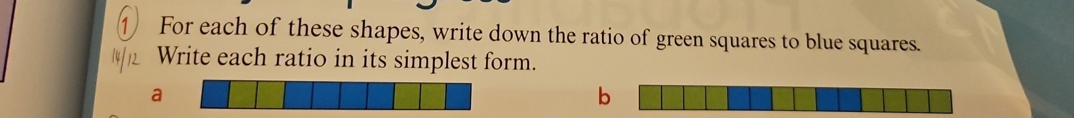 For each of these shapes, write down the ratio of green squares to blue squares. 
Write each ratio in its simplest form. 
a 
b