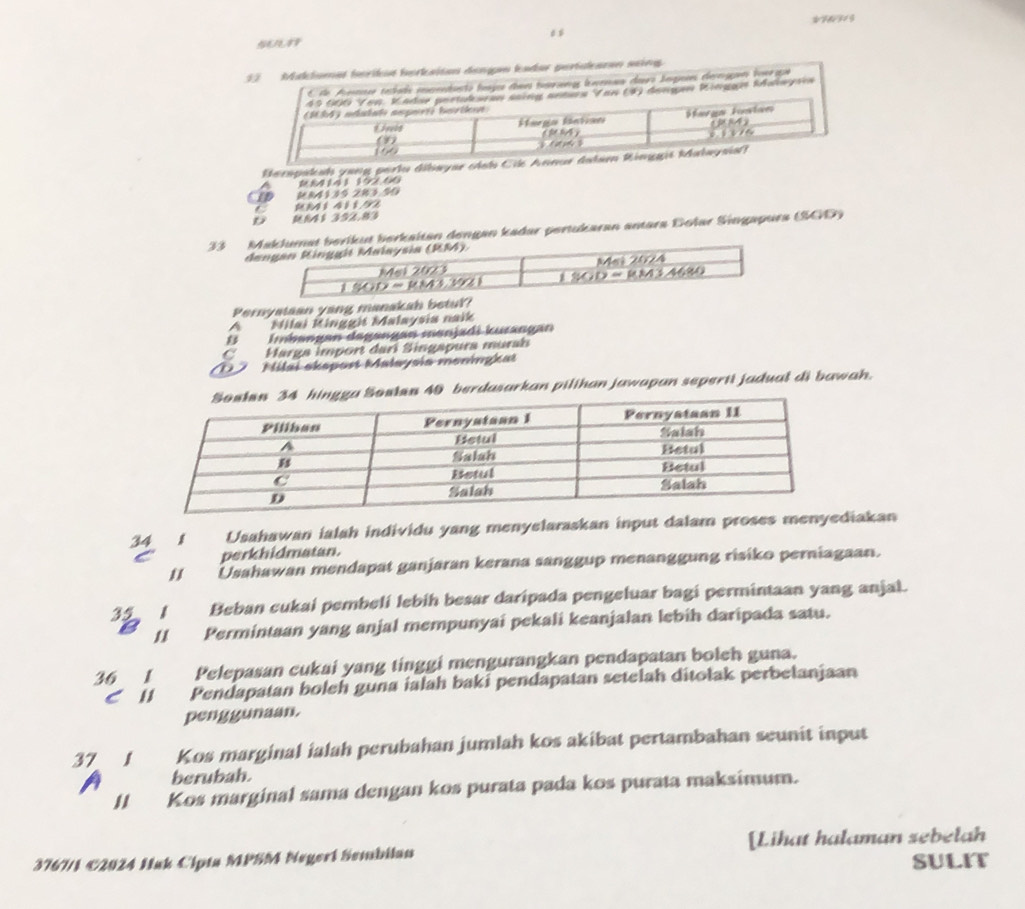 Meiomas ferits herkaisan dengo lsdas períclearen sing
sto fja das tarang leaa dars lngue dengn terga 
ngqu Rolwyiin
Berspakah yang perlu dibayar clsh Ci
R84141 192.66
R84135 283.90
41411.9
D 841 392.83
33 Mat beríkut berkaiten dengan kadar pertukaran antara Dolar Singapura (SOD)
d
Pernyataan yang manakah betul
A   ' Nilai Kinggit Malaysia naik
B Ibangan dagangan menjadi kurangan
C Harga import darí Singapura murah
D 7   Milai skspost Malaysia meningkat
tsn 40 berdasarkan pilihan jawapan seperti jadual di bawah.
34 s Usahawan ialah individu yang menyelaraskan input dalam proses miakan
perkhidmatan.
Usahawan mendapat ganjaran kerana sanggup menanggung risiko perniagaan.
35 1 Beban cukai pembeli lebih besar daripada pengeluar bagi permintaan yang anjal.
11 Permintaan yang anjal mempunyai pekali keanjalan lebih daripada satu.
36 I Pelepasan cukai yang tinggi mengurangkan pendapatan boleh guna.
1 Pendapatan boleh guna ialah baki pendapatan setelah ditolak perbelanjaan
penggunaan.
37 ∫ Kos marginal ialah perubahan jumlah kos akibat pertambahan seunit input
berubah.
II Kos marginal sama dengan kos purata pada kos purata maksimum.
3767/1 €2024 Hak Cipta MPSM Negerí Sembilan [Lihat halaman sebelah
SULIT