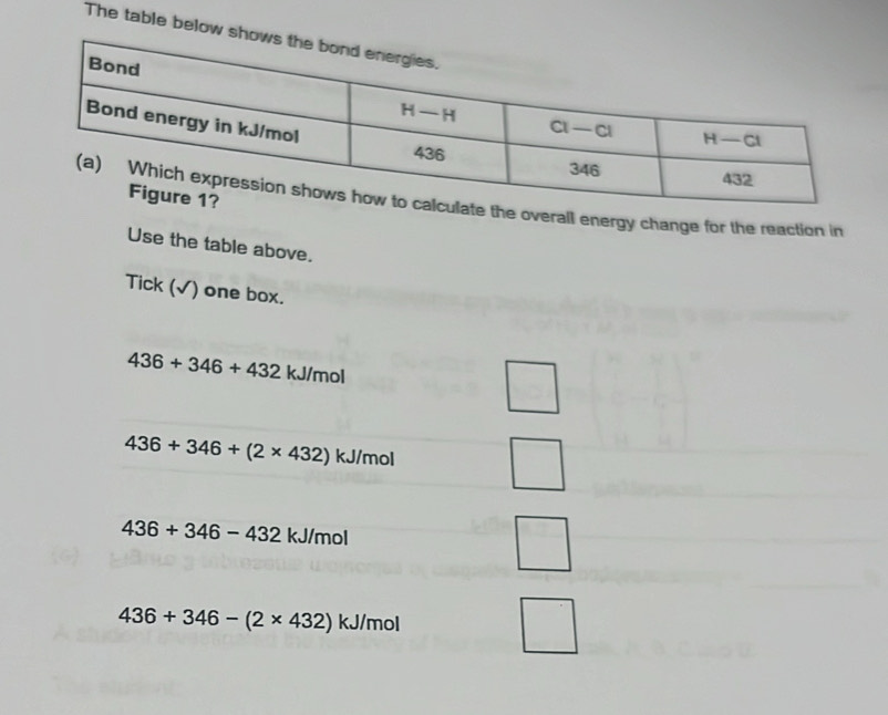 The table below shows
overall energy change for the reaction in
Use the table above.
Tick (√) one box.
436+346+432 kJ/mol
436+346+(2* 432) kJ/mol
436+346-432kJ/mol
436+346-(2* 432) | kJ/mol