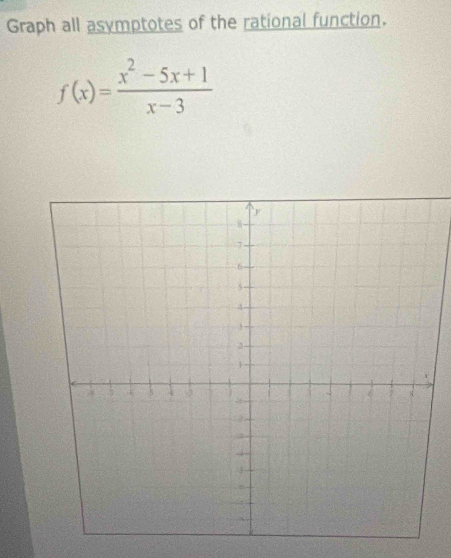 Graph all asymptotes of the rational function.
f(x)= (x^2-5x+1)/x-3 