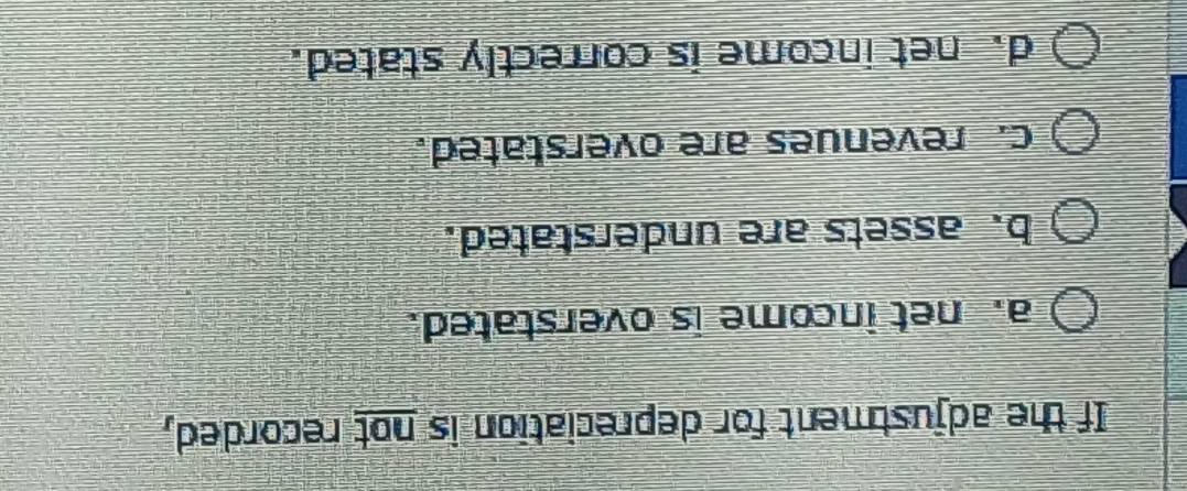 If the adjustment for depreciation is not recorded,
a. net income is overstated.
b. assets are understated.
c. revenues are overstated.
d. net income is correctly stated.