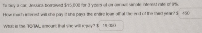 To buy a car, Jessica borrowed $15,000 for 3 years at an annual simple interest rate of 9%. 
How much interest will she pay if she pays the entire loan off at the end of the third year? $ 450
What is the TOTAL amount that she will repay? $ 19,050