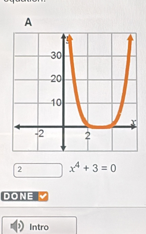 A
2
x^4+3=0
DONE
Intro