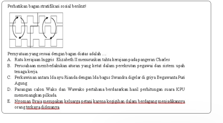 Perhatikan bagan stratifikasi so sial berikut!
Pernyataan yang sesuai dengan bagan diatas adalah ....
A. Ratu kerajaan Inggris Elizabeth IImenurunkan tahta kerajaan pada pangeran Charles
B. Perusahaan memberlakukan aturan yang ketat dalam perekrutan pegawai dan sistem upah
ten aga kerja.
C. Perkawinan antara Ida ayu Rianda dengan Ida bagus Swandra digelar di griya Begawanta Puri
Agung
D. Pasangan calon Wako dan Wawako pertahana berdasarkan hasil perhitungan suara KPU
memenangkan pilkada
E. Nyoman Braia merpakan keluarga petani karena kegigihan dalam berdagang meniadikannya
orang terkav adidesanya