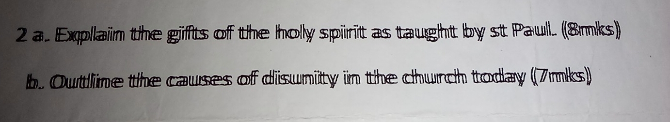 Explain the gifts of the holly spirit as taught by st Paull. (8mks) 
b. Outline the causes of disunity in the church today (7mks)