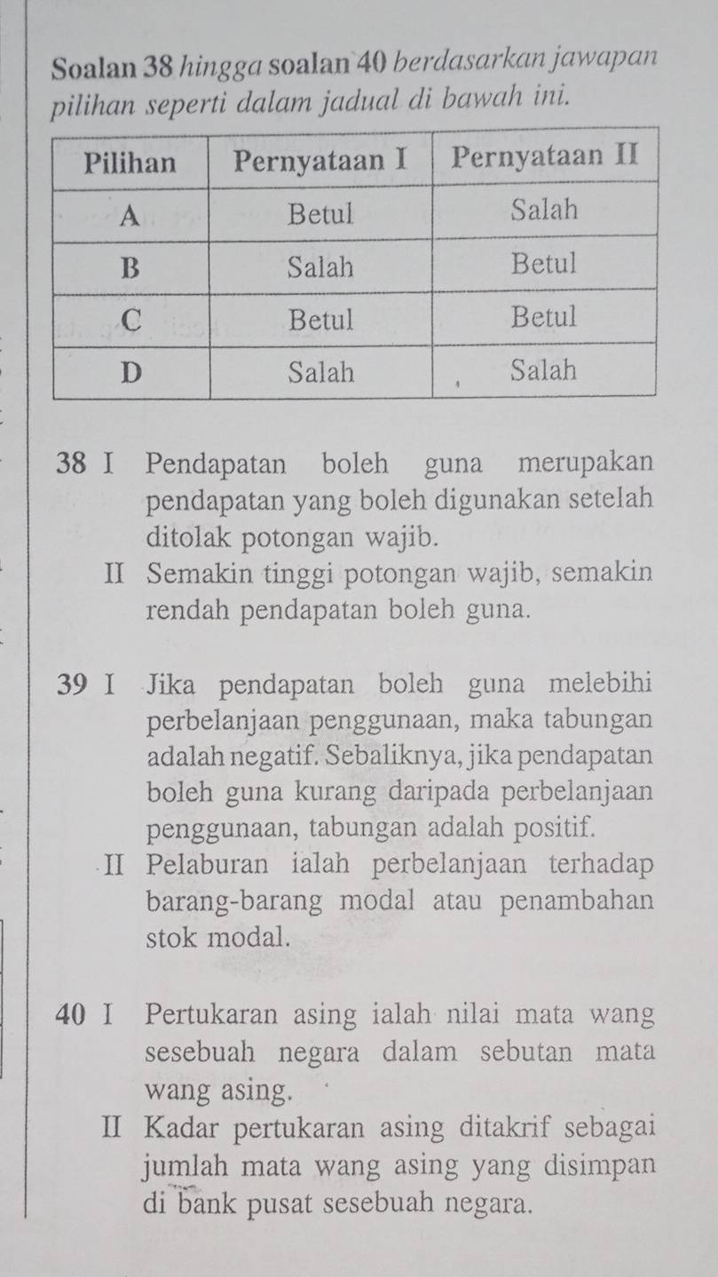 Soalan 38 hingga soalan 40 berdasarkan jawapan 
pilihan seperti dalam jadual di bawah ini. 
38 I Pendapatan boleh guna merupakan 
pendapatan yang boleh digunakan setelah 
ditolak potongan wajib. 
II Semakin tinggi potongan wajib, semakin 
rendah pendapatan boleh guna. 
39 I Jika pendapatan boleh guna melebihi 
perbelanjaan penggunaan, maka tabungan 
adalah negatif. Sebaliknya, jika pendapatan 
boleh guna kurang daripada perbelanjaan 
penggunaan, tabungan adalah positif. 
II Pelaburan ialah perbelanjaan terhadap 
barang-barang modal atau penambahan 
stok modal. 
40 I Pertukaran asing ialah nilai mata wang 
sesebuah negara dalam sebutan mata 
wang asing. 
II Kadar pertukaran asing ditakrif sebagai 
jumlah mata wang asing yang disimpan 
di bank pusat sesebuah negara.