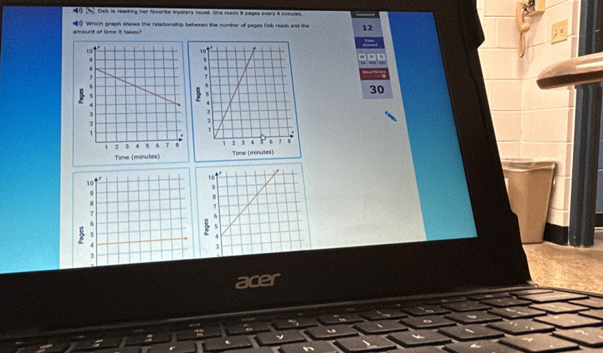 ( Deb is reading her favorite mystery novel. She reads 8 pages every 4 minutes.
Which graph shows the relationship between the number of pages Deb reads and the 12
amount of time it takes?
30
Time (minutes)
acer