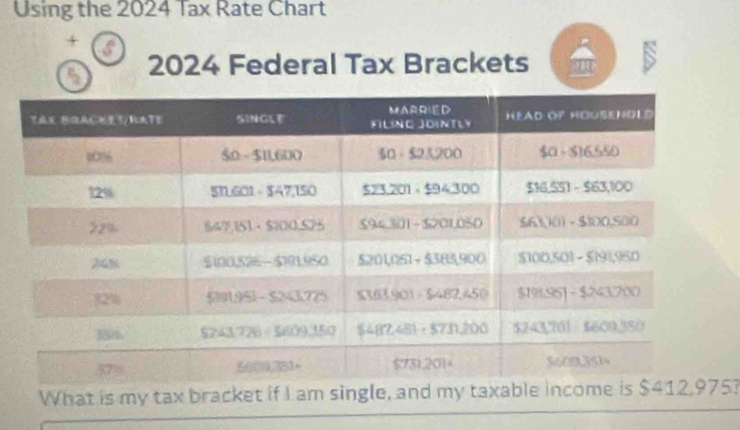 Using the 2024 Tax Rate Chart
+
2024 Federal Tax Brackets
What is my tax bracket if I am single, and my 5?