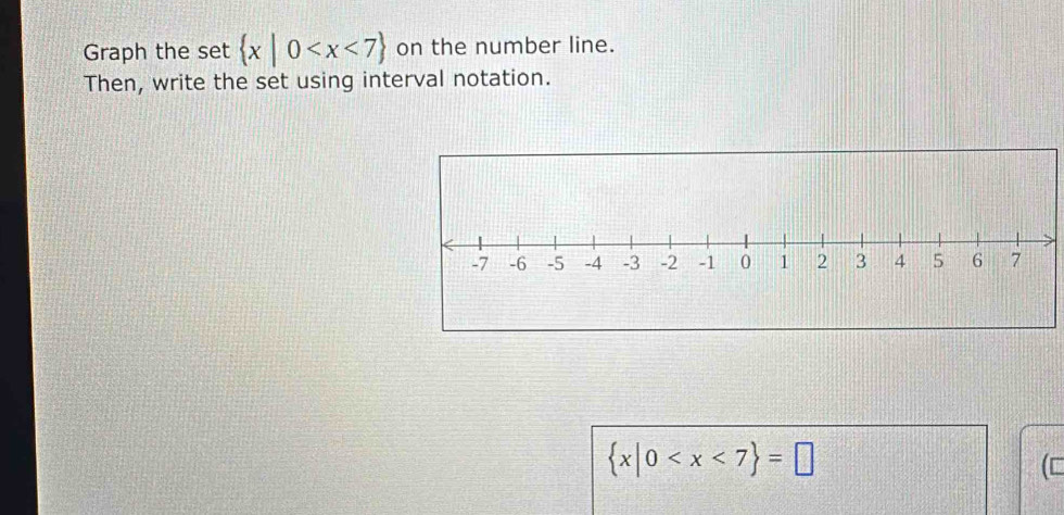 Graph the set  x|0 on the number line. 
Then, write the set using interval notation.
 x|0
(C