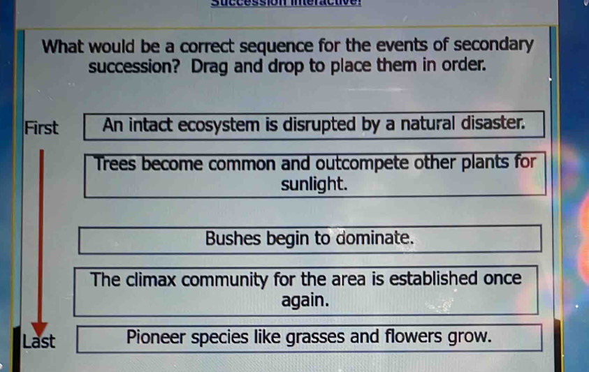 successión ineractive.
What would be a correct sequence for the events of secondary
succession? Drag and drop to place them in order.
First An intact ecosystem is disrupted by a natural disaster.
Trees become common and outcompete other plants for
sunlight.
Bushes begin to dominate.
The climax community for the area is established once
again.
Last Pioneer species like grasses and flowers grow.