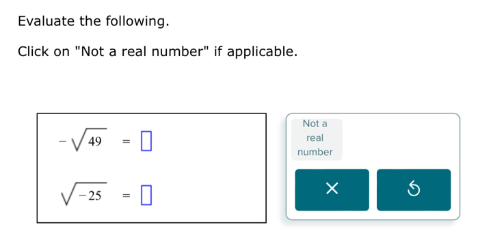 Evaluate the following. 
Click on "Not a real number" if applicable. 
Not a
-sqrt(49)=□
real 
number
sqrt(-25)=□
×