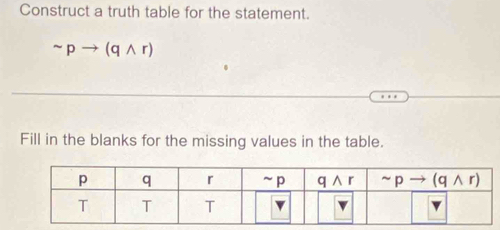 Construct a truth table for the statement.
(qwedge r)
Fill in the blanks for the missing values in the table.