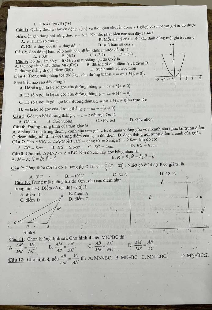 trác nghiệm
Câu 1: Quãng đường chuyển động y(m) và thời gian chuyển động x ( giây) của một vật gơi tự do được
biểu diễn gần đúng bởi công thức y=5x^2. Khi đó, phát biểu nào sau đây là sai?
A. x là hàm số của y B. Mỗi giá trị của £ chỉ xác định đúng một giá trị của y
C. Khi ± thay đồi thì y thay đổi D. y là hàm số của x
Câu 2: Cho đồ thị hàm số ở hình bên, điểm không thuộc đồ thị là
A. (0;0) B. (4;2) C. (-2;4) D. (1;1)
Câu 3: Đồ thị hàm số y=f(x) trên mặt phẳng tọa độ Oxy là
A. tập hợp tất cả các điểm M(x;f(x)) B. đthẳng đi qua điểm A và điểm B
C. đường thẳng đi qua điểm (0;0) D. trục hoành và trục tung
Câu 4: Trong mặt phẳng tọa d Oxy , cho đường thẳng y=ax+b(a!= 0)
Phát biểu nào sau đây đúng ?
A. Hệ số a gọi là hệ shat o góc của đường thắng y=ax+b(a!= 0)
B. Hệ số b gọi là hệ số góc của đường thẳng y=ax+b(a!= 0)
C. Hệ số a gọi là góc tạo bởi đường thắng y=ax+b(a!= 0) và trục Ox
D. az là hệ số góc của đường thắng y=ax+b(a!= 0)
Câu 5: Góc tạo bởi đường thắng y=x-2 với trục Ox là
A. Góc tù B. Góc vuồng C. Góc bẹt D. Góc nhọn
Câu 6: Đường trung bình của tạm giác là
A. đthẳng đi qua trung điểm 1 cạnh của tam giác. B. đ thẳng vuông góc với 1cạnh của tgiác tại trung điểm.
C. đoạn thắng nổi đỉnh với trung điểm của cạnh đối diện. D. đoạn thắng nổi trung điểm 2 cạnh của tgiác.
Câu 7: Cho △ HKI ω △ EF G biết HK=5cm;HI=8cm;EF=2,5cm khi đó có:
A. EG=5cm B. EG=2,5cm C. EG=4cm. D. EG=8cm.
Câu 8: Cho biết △ MNP △ ABC C. Khi đó các cặp góc bằng nhau là:
A. overline M=A;overline N=hat B;hat P=hat C B. widehat M=widehat B;widehat N=widehat A;widehat P=widehat C
Câu 9: Công thức đổi từ độ F sang độ C là: C= 5/9 (F-32). Nhiệt độ ở 14 độ F có giá trị là
A. 0°C B. -10°C C. 32°C
Câu 10: Trong mặt phẳng tọa độ Oxy, cho các điểm như
trong hình vẽ. Điểm có tọa dhat o(-2;3) là
B. điểm A
D. điểm C
Hình 4 
Câu 11: Chọn khẳng định sai. Cho hình 4, nếu MN//BC thì
A.  AM/MB = AN/NC : B.  AM/AB = AN/AC . C.  AB/MB = AC/NC . D.  AM/MB = AN/AC .
Câu 12: Cho hình 4, nếu  AB/AM = AC/AN  thì A. MN//BC.B MN=BC.. C. MN=2BC. D. MN=BC:2.