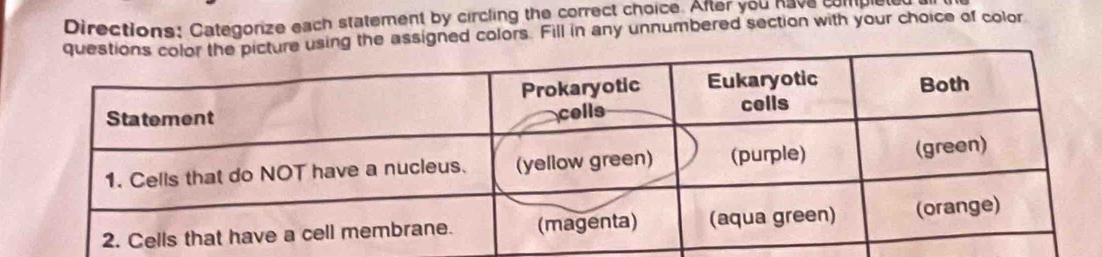 Directions: Categorize each statement by circling the correct choice. After you have complete 
ing the assigned colors. Fill in any unnumbered section with your choice of color