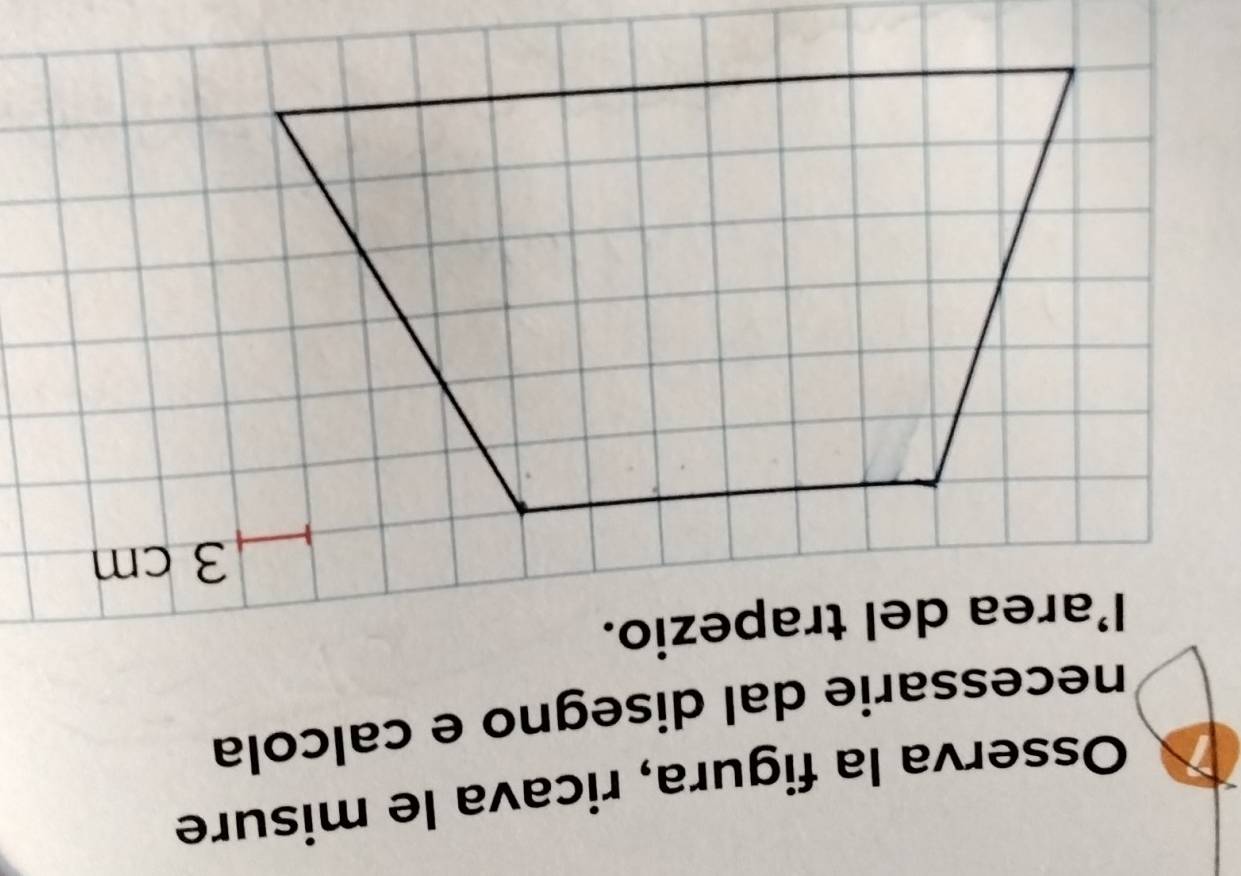 Osserva la figura, ricava le misure 
necessarie dal disegno e calcola
t^(□)° area del trapezio.
3 cm