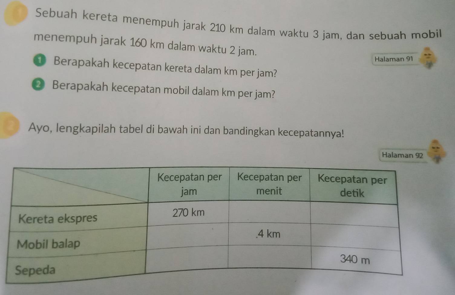 Sebuah kereta menempuh jarak 210 km dalam waktu 3 jam, dan sebuah mobil 
menempuh jarak 160 km dalam waktu 2 jam. 
Halaman 91
① Berapakah kecepatan kereta dalam km per jam? 
② Berapakah kecepatan mobil dalam km per jam? 
Ayo, lengkapilah tabel di bawah ini dan bandingkan kecepatannya! 
Halaman 92