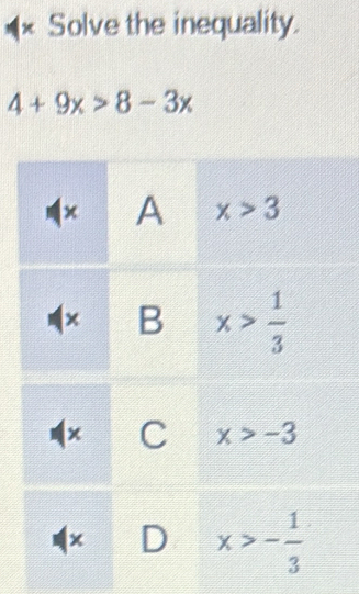 Solve the inequality.
4+9x>8-3x