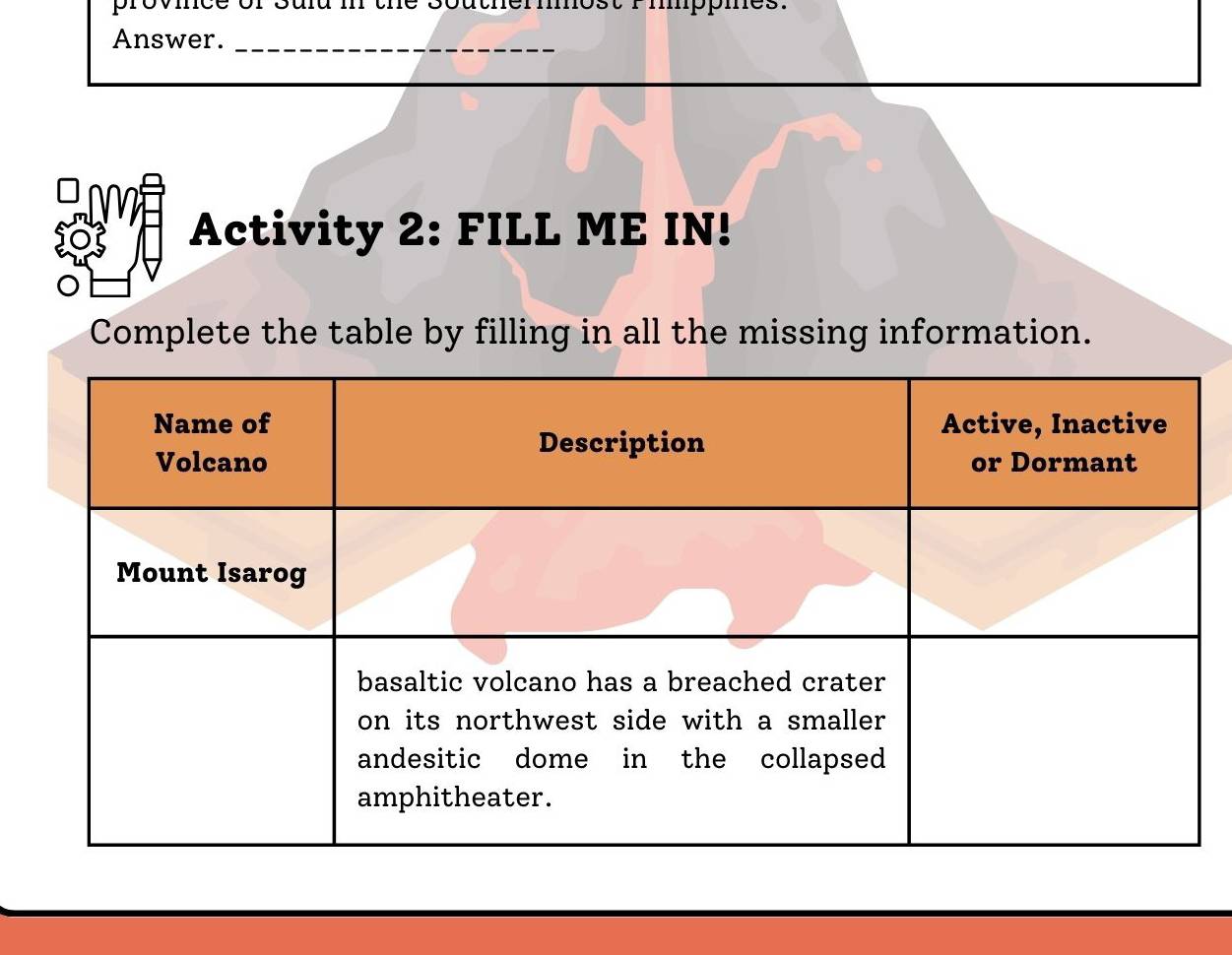 province of Suld in the southermmost Pimppies. 
Answer._ 
Activity 2: FILL ME IN! 
Complete the table by filling in all the missing information.