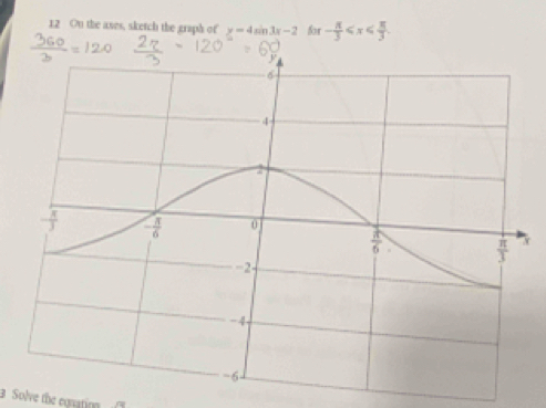 On the ases, sketch the graph of y=4sin 3x-2 for - π /3 ≤slant x≤slant  π /3 .
3 Solve the equating