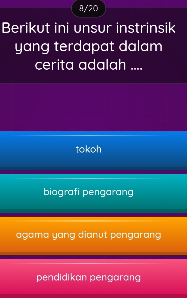 8/20
Berikut ini unsur instrinsik
yang terdapat dalam
cerita adalah ....
tokoh
biografi pengarang
agama yang dianut pengarang
pendidikan pengarang