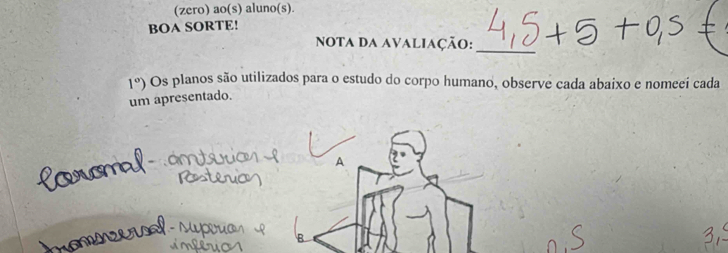 (zero) ao(s) aluno(s). 
BOA SORTE! 
_ 
Nota da avaliAção: 
1°) Os planos são utilizados para o estudo do corpo humano, observe cada abaixo e nomeeí cada 
um apresentado. 
A