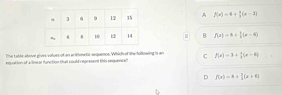 A
f(x)=6+ 3/2 (x-3)
B f(x)=8+ 2/3 (x-6)
The table above gives values of an arithmetic sequence. Which of the following is an
C f(x)=3+ 3/2 (x-6)
equation of a linear function that could represent this sequence?
D f(x)=8+ 2/3 (x+6)