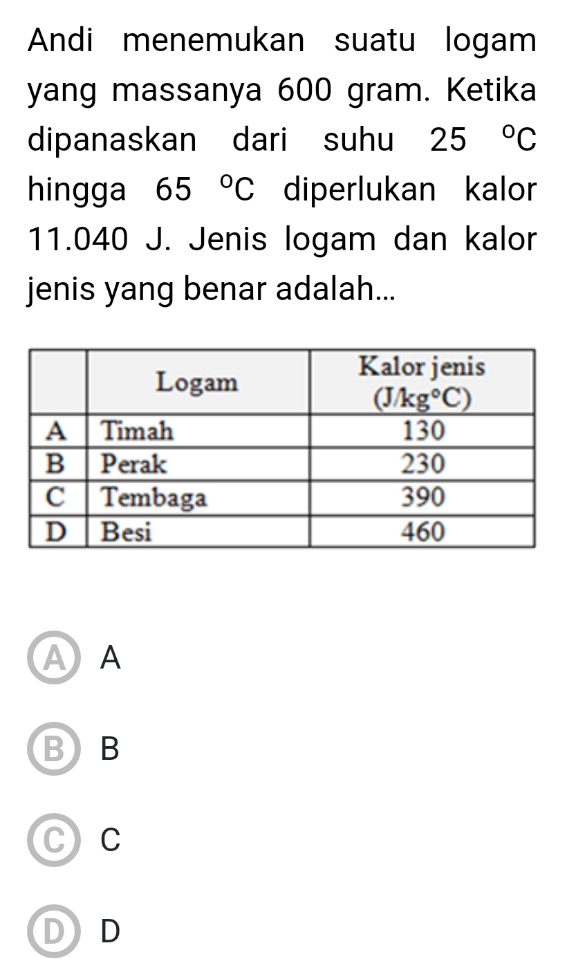 Andi menemukan suatu logam
yang massanya 600 gram. Ketika
dipanaskan dari suhu 25°C
hingga 65°C diperlukan kalor
11.040 J. Jenis logam dan kalor
jenis yang benar adalah...
AA
B)B
C C
DD