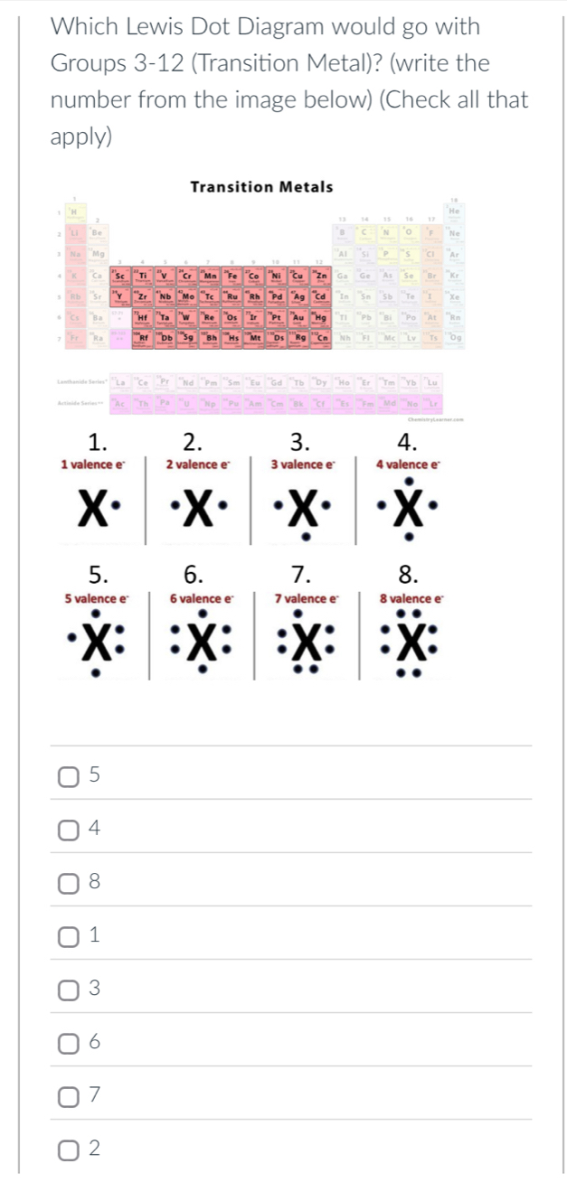 Which Lewis Dot Diagram would go with
Groups 3-12 (Transition Metal)? (write the
number from the image below) (Check all that
apply)
Transition Metals
B
Mg
K Ca *Sc Tỉ v Cr 'Mn "Fe C。 ''Ni ℃u ''Zn Ga Se Br Kr
Rb "sr 'Y ''Zr N b “Mo “Tc Ru Rh *Pd Ag Cd 5b Te Xe
Ba 'Hf Ta w 'Re Os Ir Pt "Au *Hg ''Bỉ ''Rn
'Ra Rf Db 59 Bh Hs Mt Ds Rg 'Cn 09
Pr Nd Pm Sm "Eu 'Gd `` by "Họ ''Er Tm Yb Lu
5
4
8
1
3
6
7
2