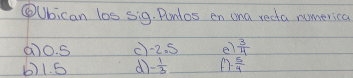 ④Ubican los sig. Pontos en ona recta numerica 
a) o. S c) -2. 5 e)  3/4 
6) 1. 5 d - 1/3  (-  5/4 