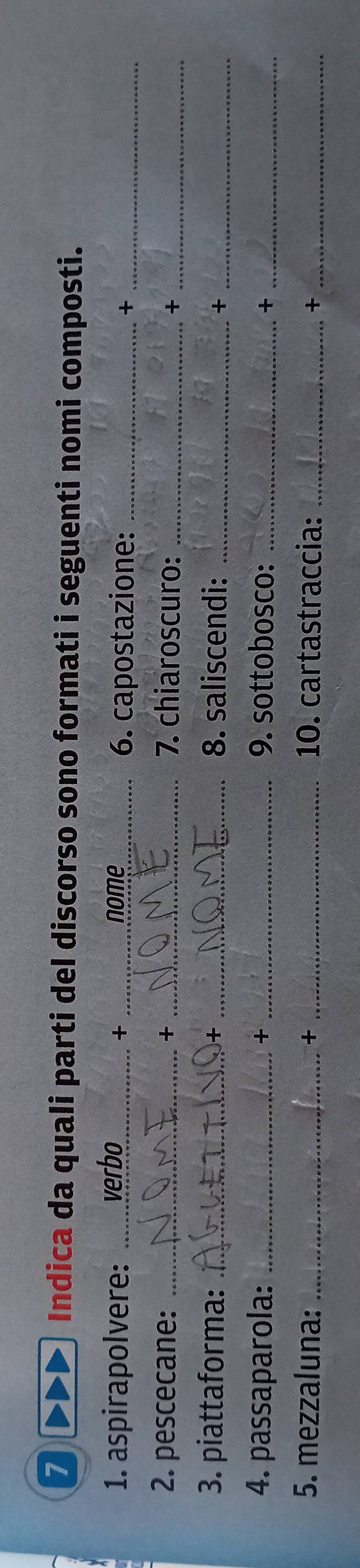 Indica da quali parti del discorso sono formati i seguenti nomi composti. 
1. aspirapolvere: what verbo _nome_ 6. capostazione: _+_ 
+ 
2. pescecane: _+ _7. chiaroscuro:_ 
_+ 
3. piattaforma: _+ _8. saliscendi: _+_ 
4. passaparola: _+ _9. sottobosco: _+_ 
5. mezzaluna: _+ _10. cartastraccia: _+_