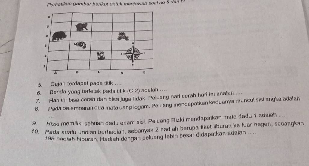 Perhatikan gambar berikut untuk menjawab soal no 5 dan 6! 
5. Gajah terdapat pada titik … 
6. Benda yang terletak pada titik (C,2) adalah .... 
7. Hari ini bisa cerah dan bisa juga tidak. Peluang hari cerah hari ini adalah .... 
8. Pada pelemparan dua mata uang logam. Peluang mendapatkan keduanya muncul sisi angka adalah 
9. Rizki memiliki sebuah dadu enam sisi. Peluang Rizki mendapatkan mata dadu 1 adalah .... 
10. Pada suatu undian berhadiah, sebanyak 2 hadiah berupa tiket liburan ke luar negeri, sedangkan
198 hadiah hiburan. Hadiah dengan peluang lebih besar didapatkan adalah .....