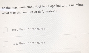 At the maximum amount of force applied to the aluminum,
what was the amount of deformation?
More than 0.1 centimeters
Less than 0.1 centimeters