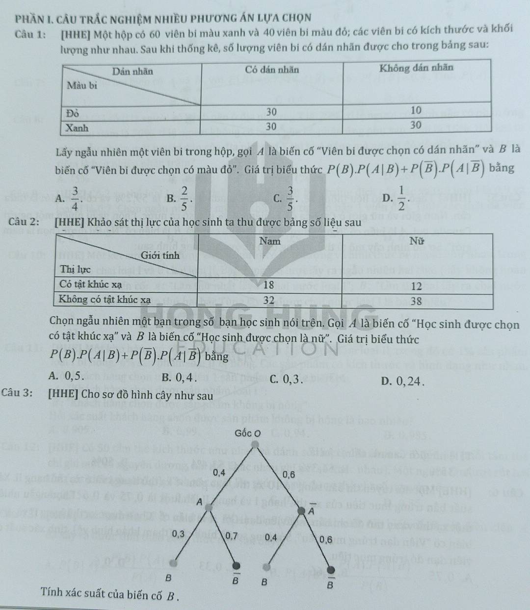 phần I. câu trắc nghiệm nhiều phương án lựa chọn
Câu 1: [HHE] Một hộp có 60 viên bi màu xanh và 40 viên bi màu đỏ; các viên bi có kích thước và khối
lượng như nhau. Sau khi thống kê, số lượng viên bi có dán nhãn được cho trong bảng sau:
Lấy ngẫu nhiên một viên bi trong hộp, gọi A là biến cố “Viên bi được chọn có dán nhãn” và B là
biến cố “Viên bi được chọn có màu đỏ”. Giá trị biểu thức P(B).P(A|B)+P(overline B). P(A|overline B) bằng
A.  3/4 .  2/5 . C.  3/5 . D.  1/2 . 
B.
Câu 2: [HHE] Khảo sát thị lực của học sinh ta thu được bảng số liệu sau
Chọn ngẫu nhiên một bạn trong số bạn học sinh nói trên. Gọi A là biến cố “Học sinh được chọn
có tật khúc xạ” và B là biến cố “Học sinh được chọn là nữ”. Giá trị biểu thức
P(B).P(A|B)+P(overline B).P(overline A|overline B) bằng
A. 0, 5. B. 0, 4. C. 0, 3. D. 0, 24.
Câu 3: [HHE] Cho sơ đồ hình cây như sau
Gốc O
0, 4 0, 6
A
overline A
0, 3 0, 7 0, 4 0. 6
B
overline B B
frac 8
Tính xác suất của biến cố B .