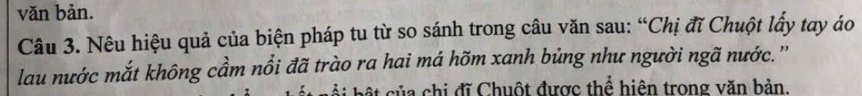 văn bản. 
Câu 3. Nêu hiệu quả của biện pháp tu từ so sánh trong câu văn sau: “Chị đĩ Chuột lấy tay áo 
lau nước mắt không cầm nổi đã trào ra hai má hõm xanh bủng như người ngã nước. '' 
cộ t c ủa chi đĩ Chuột được thể hiện trong văn bản.