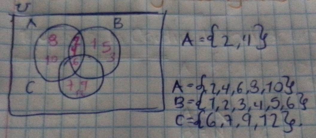 U5
A= 2,1
A= 2,4,6,3,10
B= 1,2,3,4,5,6
C= 6,7,9,12.