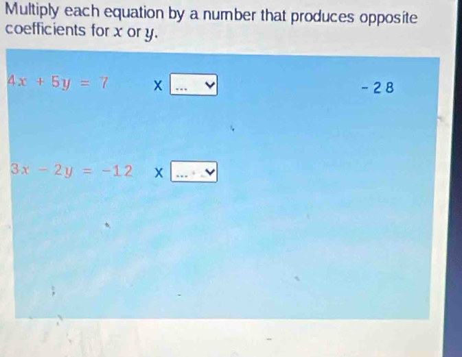 Multiply each equation by a number that produces opposite
coefficients for x or y.
4x+5y=7 X
- 2 8
3x-2y=-12* □