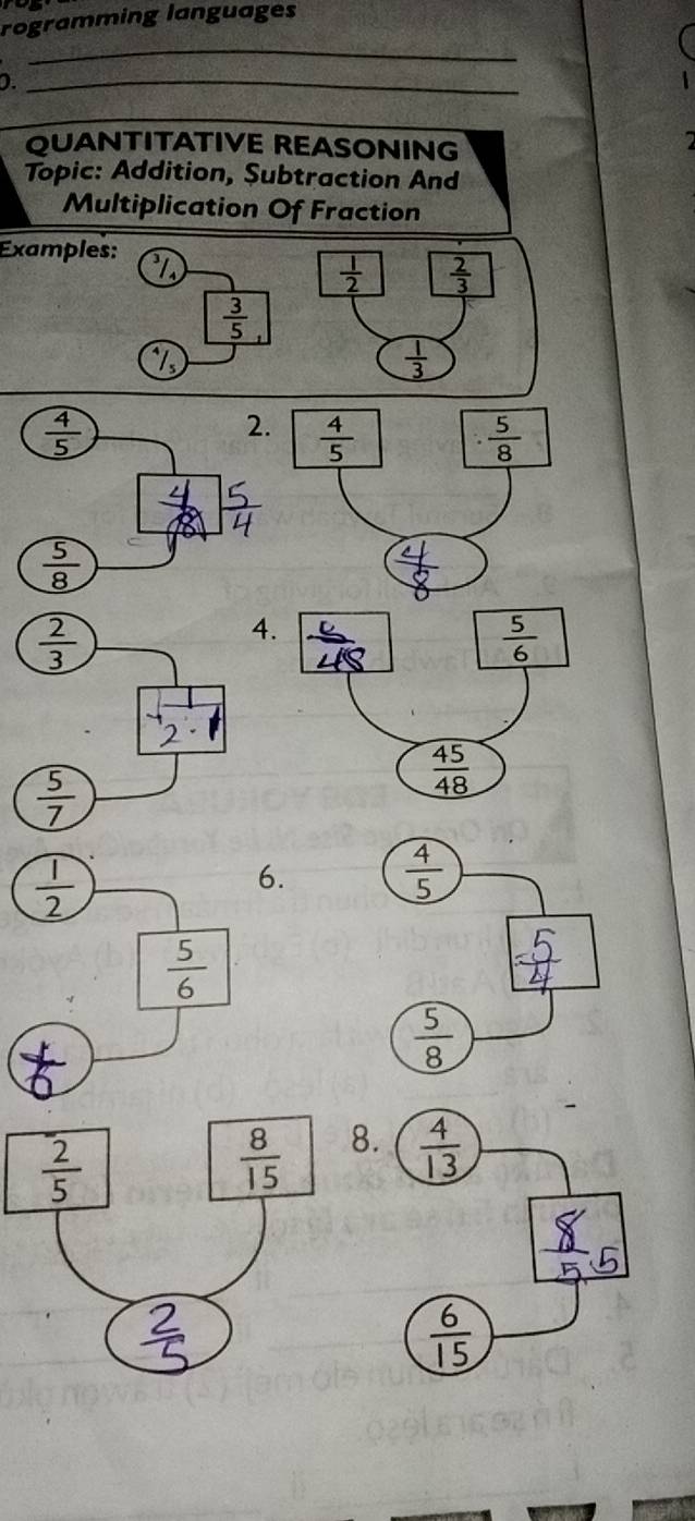 rogramming languages
_
D._
QUANTITATIVE REASONING
Topic: Addition, Subtraction And
Multiplication Of Fraction
Examples:
 1/2   2/3 
 3/5 
 1/3 
A
2.  4/5   5/8 
 5/8 
 2/3 
4.
 5/6 
2
 5/7 
 45/48 
8.