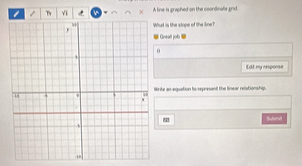 Tr Vī  A line is graphed on the coordinate grid. 
hat is the slope of the line? 
Great job 
Edit my response 
ite an equation to represent the linear relationship. 
Submit