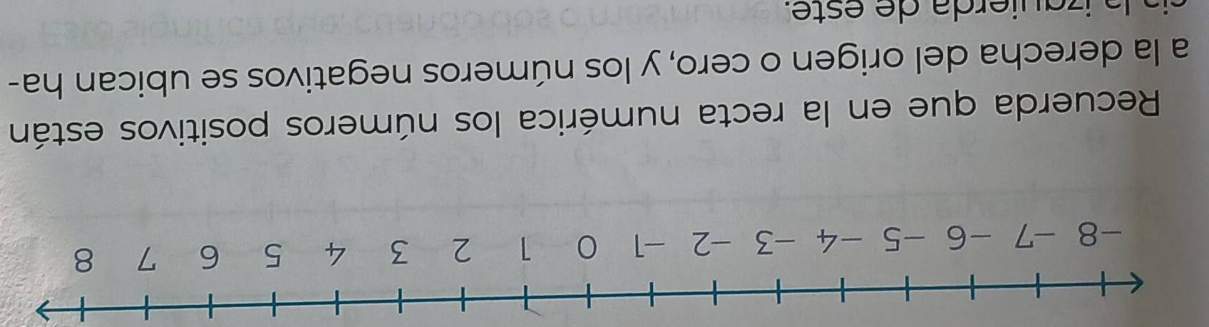 Recuerda que en la recta numérica los números positivos están 
a la derecha del origen o cero, y los números negativos se ubican ha-