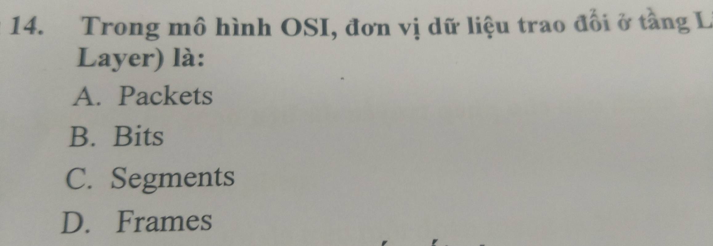 Trong mô hình OSI, đơn vị dữ liệu trao đổi ở tầng L
Layer) là:
A. Packets
B. Bits
C. Segments
D. Frames