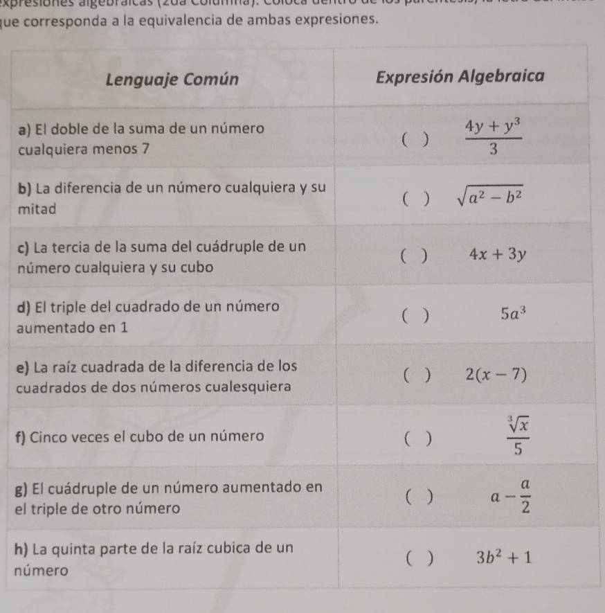 xpresiones algebraicas (2da columnã). C
que corresponda a la equivalencia de ambas expresiones.
a)
c
b
m
c)
n
d)
au
e)
cu
f) 
g)
el
h)
nú