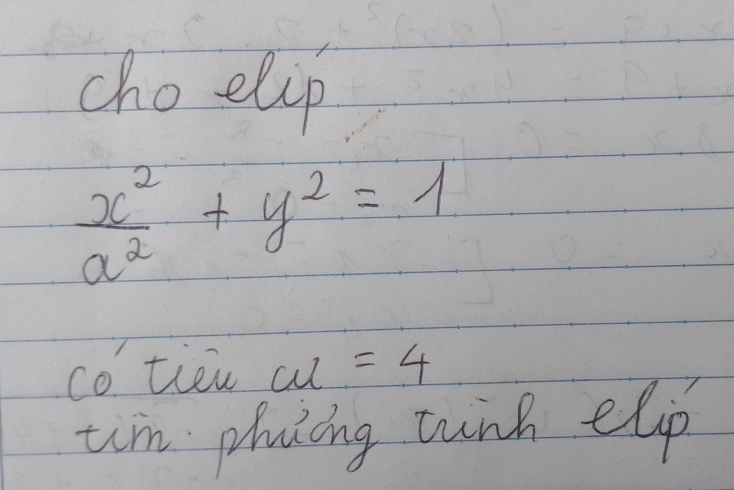 cho elip
 x^2/a^2 +y^2=1
co tren cut =4
um phaing wunh elp