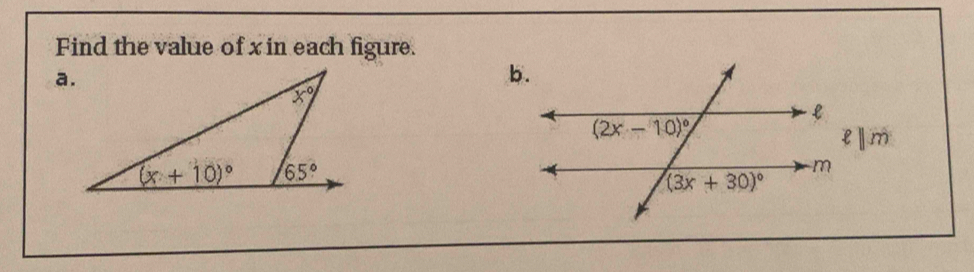 Find the value of x in each figure.
lⅡm