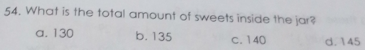 What is the total amount of sweets inside the jar?
a. 130 b. 135
c. 140 d. 145