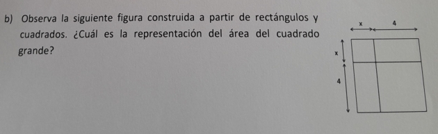 Observa la siguiente figura construida a partir de rectángulos y x 4
cuadrados. ¿Cuál es la representación del área del cuadrado 
grande?
x
4