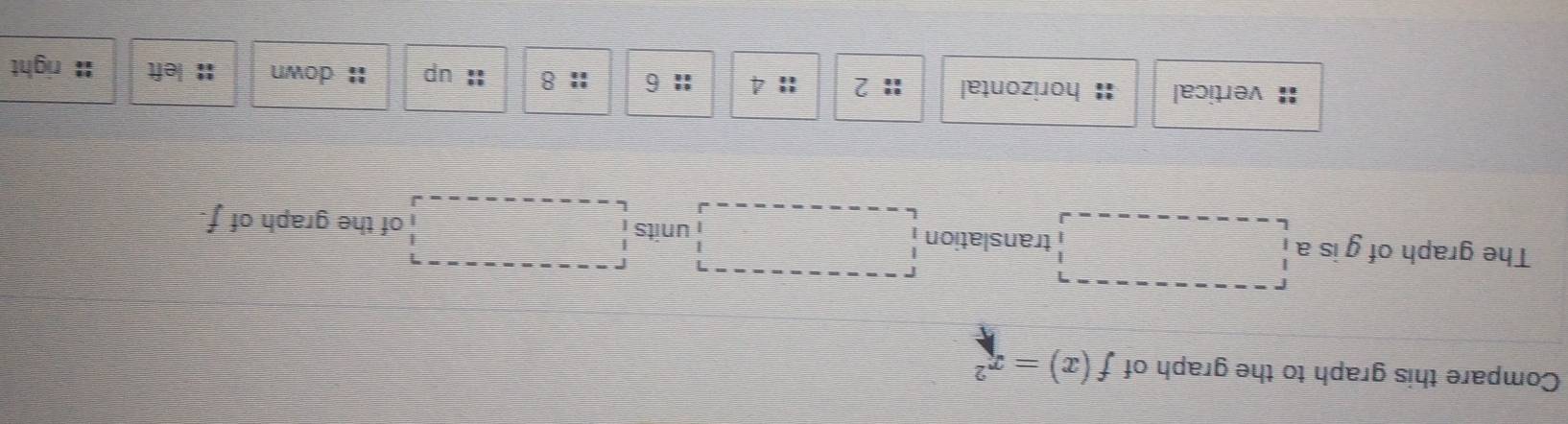 Compare this graph to the graph of f(x)=x^2
The graph of gis a □ translation □ units □°C=_  of the graph of f·
vertical horizontal 2 :: 4 :: 6  11/12  8 1: up 21 I down :: left right
E