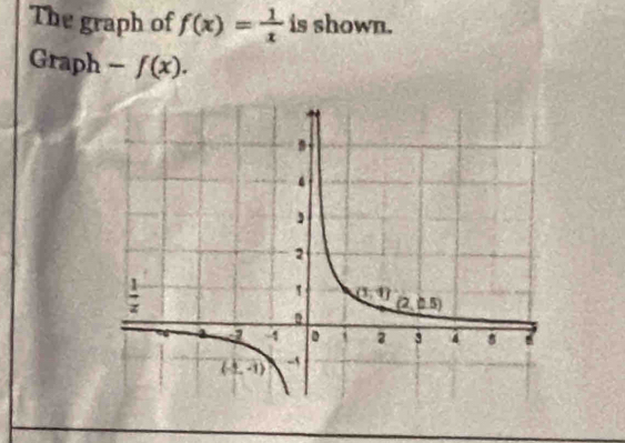 The graph of f(x)= 1/x  is shown.
Graph -f(x).